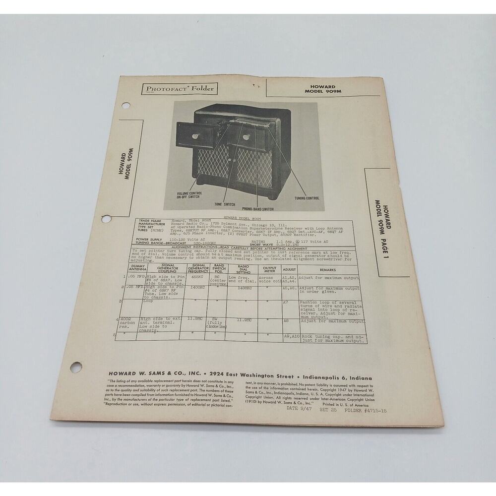 VTG Howard Sams 1947 Radio Photofact Folder Howard Model 909M